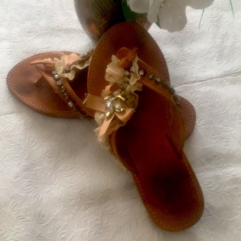 Handmade Greece Leather Rhinestone Butterfly Sandals Slide Tan Size 7-1/2